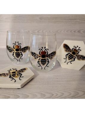 Golden Bee Stemless wine glass and coaster set Handcrafted
